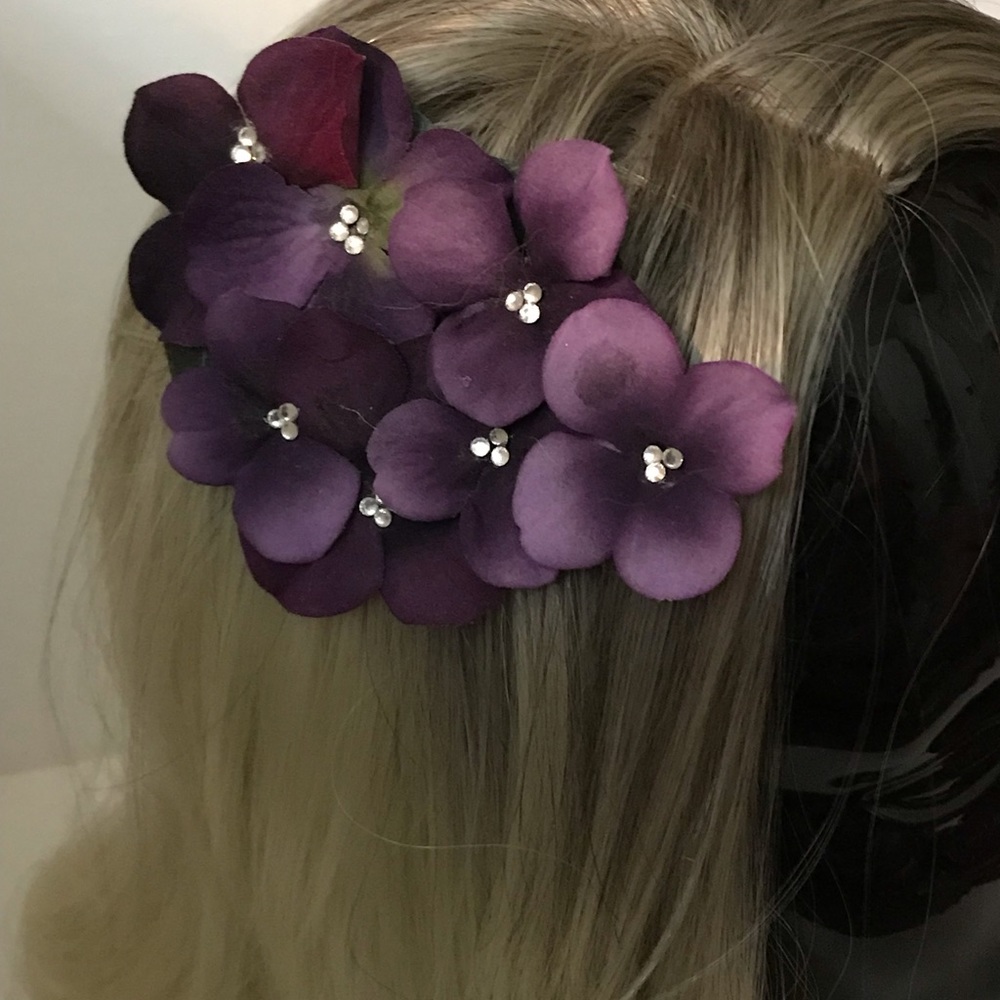 Purple Hydrangea Cluster Hair Clip with Crystals